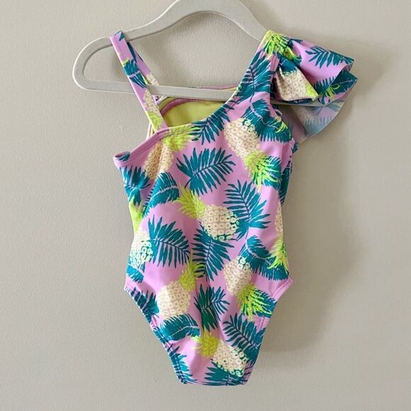 Toddler Girl’s Cat & Jack One Shoulder Swimsuit Pink Palm Tree - Picture 3 of 4